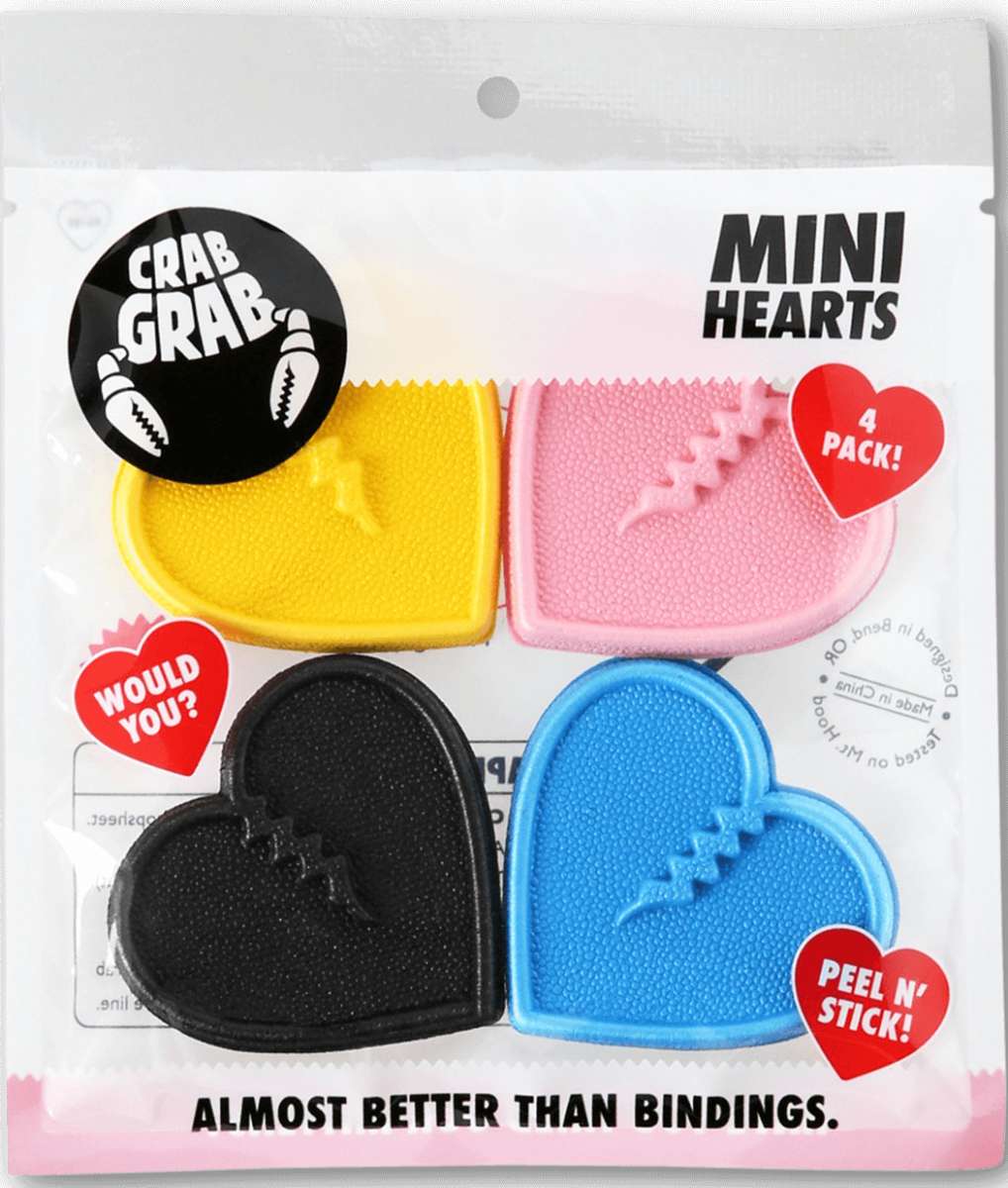 Crab Grab Mini Hearts Stomp Pad 4 Pack 2022-2023 - Four heart-shaped pads in pink, blue, yellow and black.
