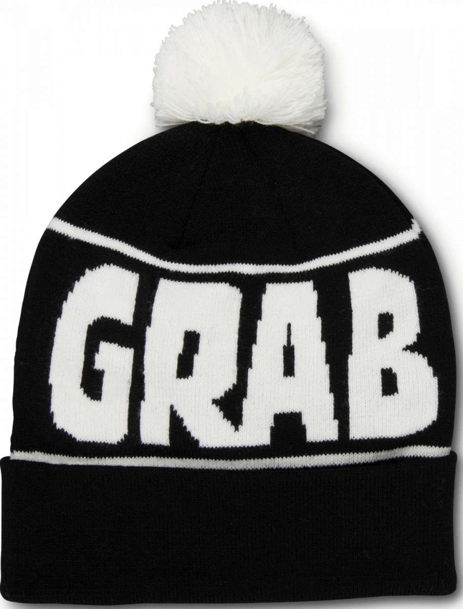 Crab Grab Pom Beanie 2022-2023 - A black beanie with a white pom-pom on top and "CRAB GRAB" embroidered in white across the front.