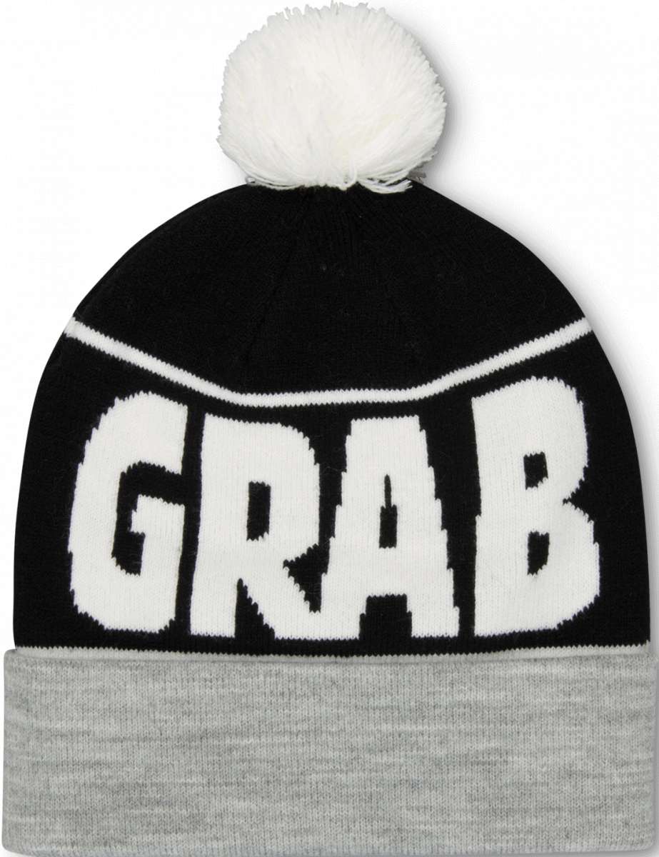 Crab Grab Pom Beanie 2022-2023 - A black beanie with a white pom-pom on top and "CRAB GRAB" embroidered in white across the front.