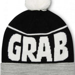 Crab Grab Pom Beanie 2022-2023 - A black beanie with a white pom-pom on top and "CRAB GRAB" embroidered in white across the front.