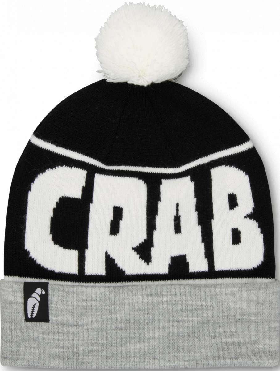 Crab Grab Pom Beanie 2022-2023 - A black beanie with a white pom-pom on top and "CRAB GRAB" embroidered in white across the front.