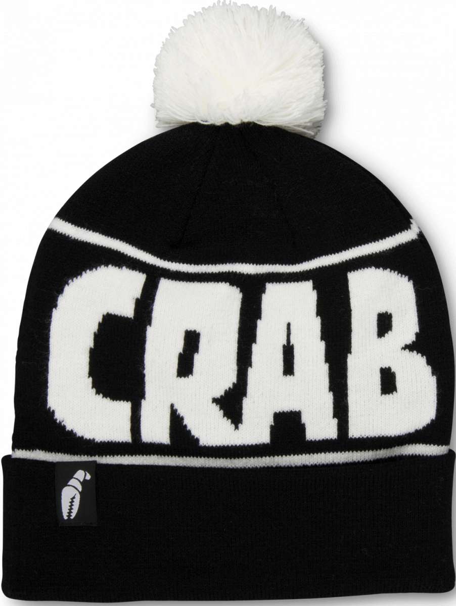Crab Grab Pom Beanie 2022-2023 - A black beanie with a white pom-pom on top and "CRAB GRAB" embroidered in white across the front.