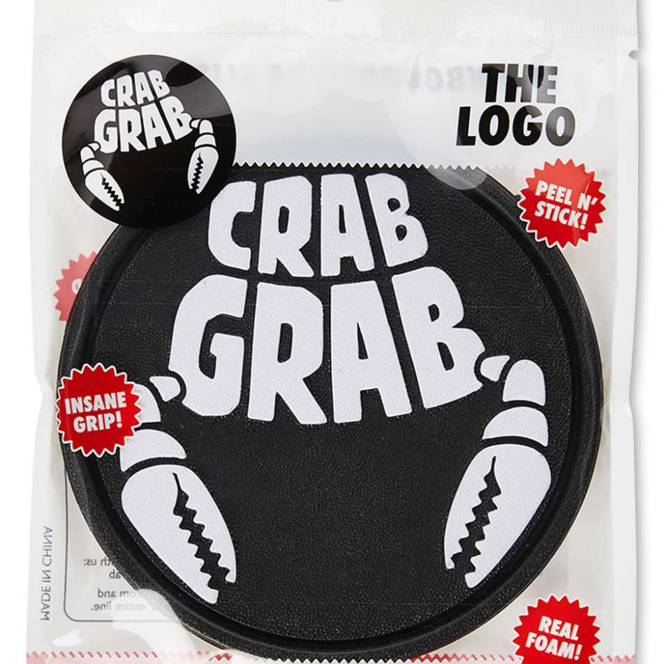 Crab Grab The Logo Stomp Pad 2024 - Black crab grab logo on a round, black stomp pad with serrated edges.
