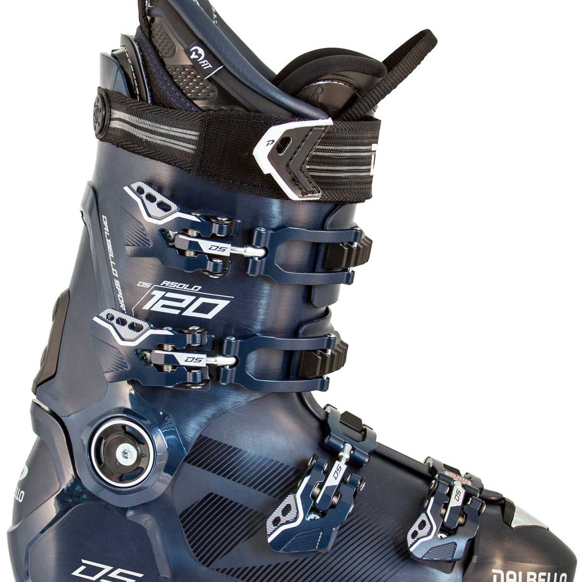 Dalbello Men's DS Asolo 120 GW Ski Boot 2020-2021 - A dark blue ski boot with white lettering and silver buckles.
