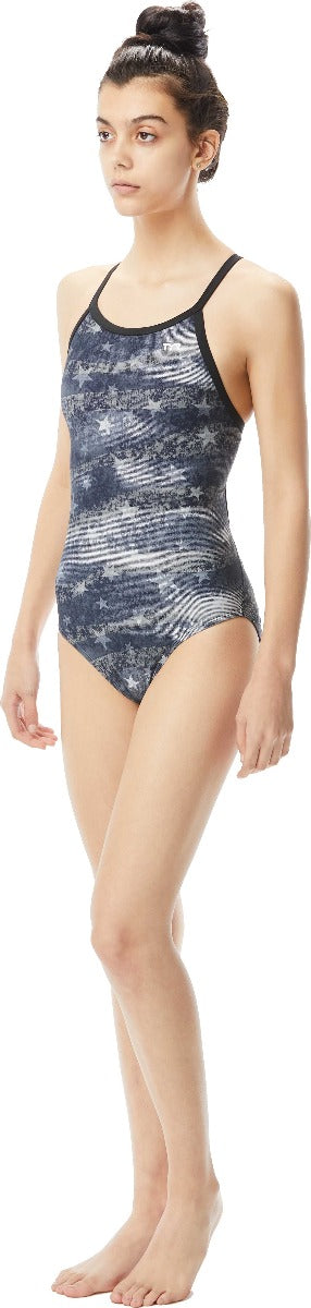 TYR Ladies' American Dream Diamondfit Swimsuit - A navy blue swimsuit with a pattern of white stars and diamonds.