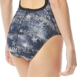 TYR Ladies' American Dream Diamondfit Swimsuit - A black and white swimsuit with a diamond pattern, featuring thin straps and cutouts on the sides.