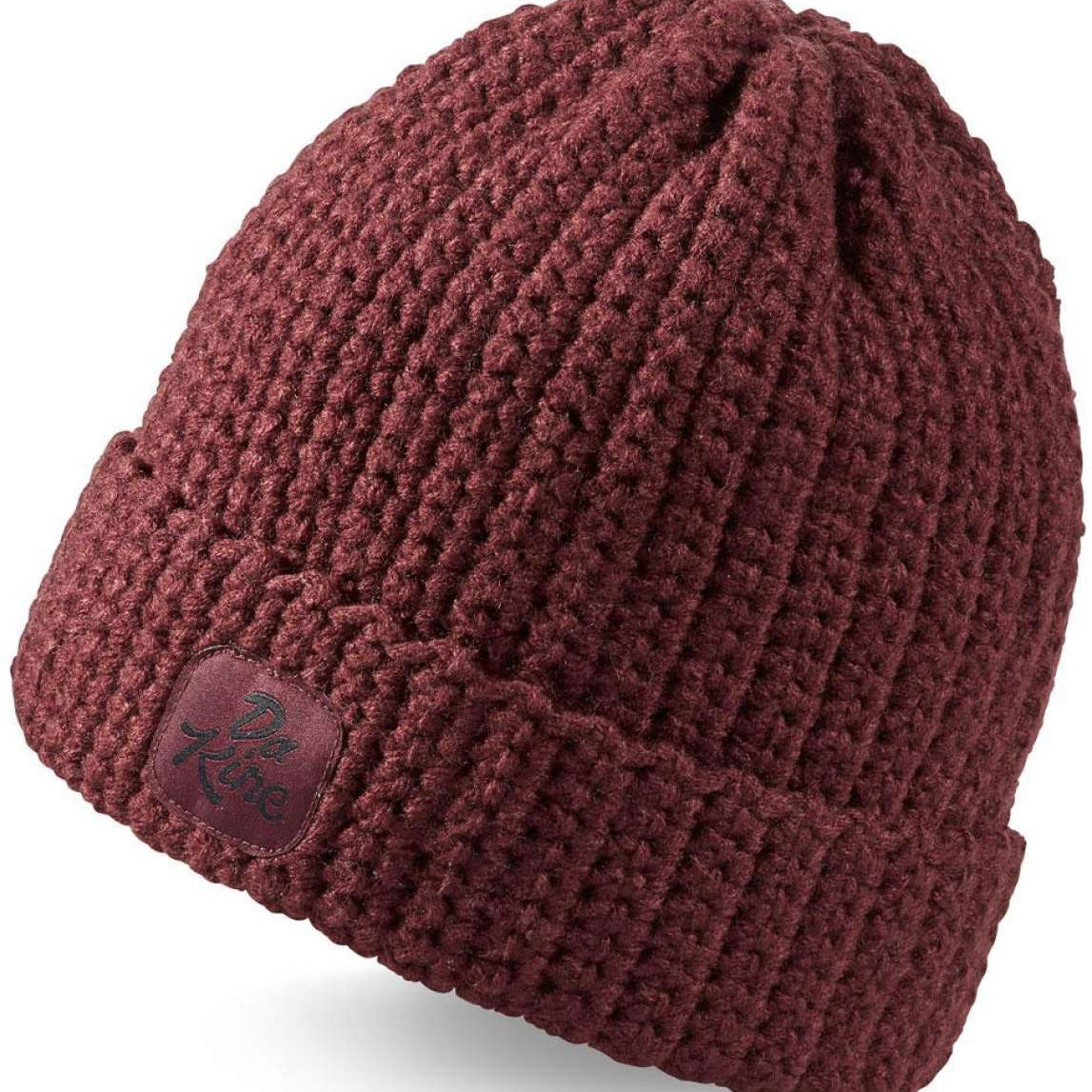 Dakine Addison Beanie 2022-2023 - A maroon beanie with a brown leather patch on the front.