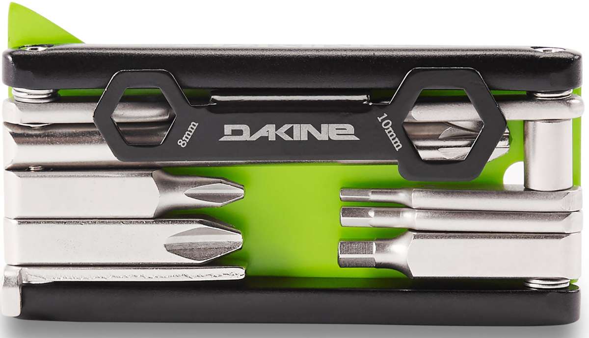 Dakine BC Tool 2022-2023 - A multi-tool with a black handle and silver metal components, featuring a compact design with various tools arranged neatly on one side.