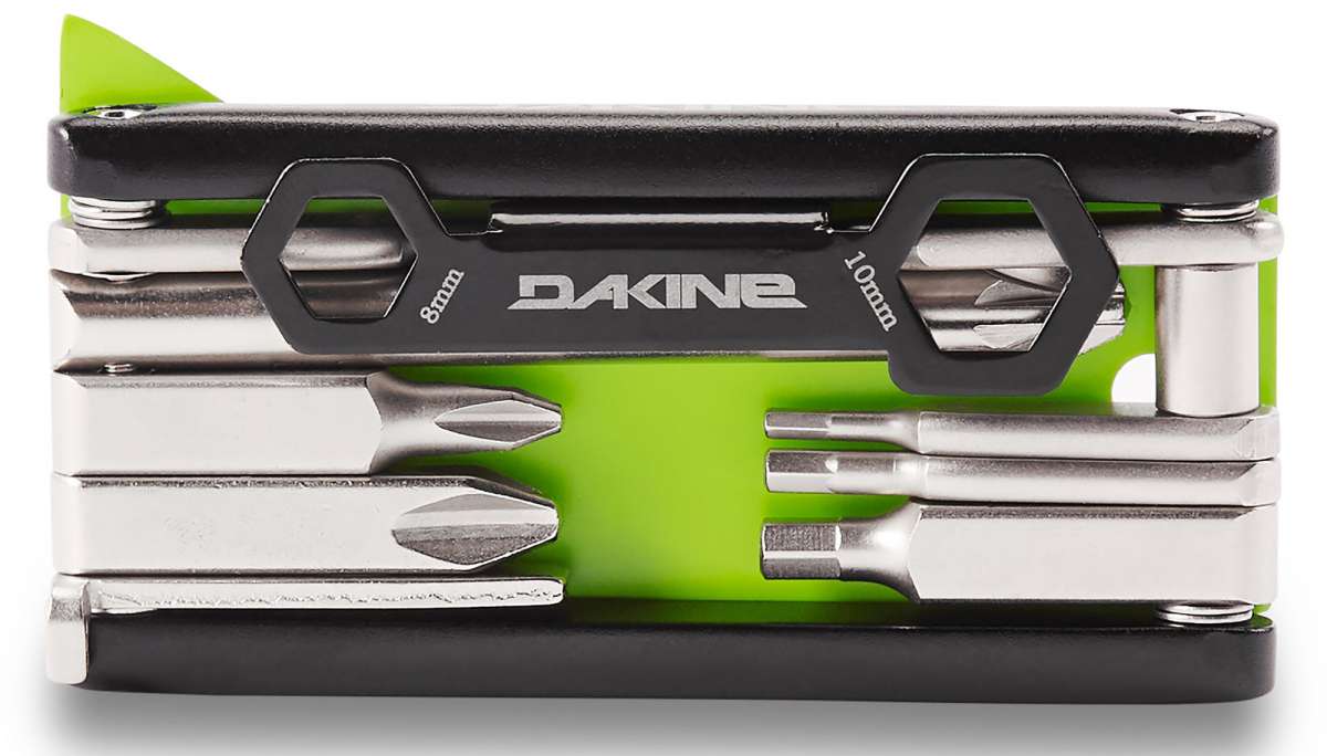 Dakine - BC tool with black handle and silver metal tools, including a screwdriver, pliers, and wrenches.