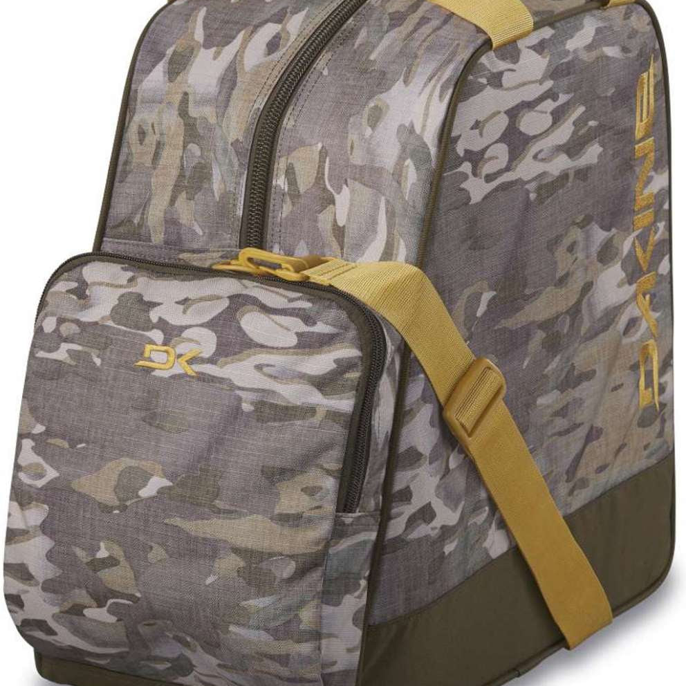 Dakine Boot Bag 30L 2024 - A gray boot bag with a zippered top and yellow accents, featuring a camouflage pattern on its front side.
