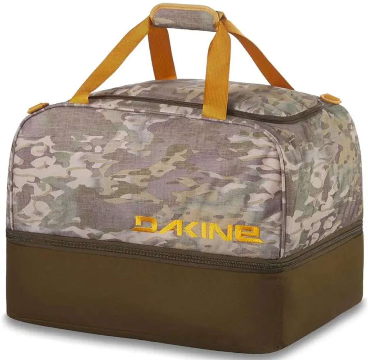 Dakine Boot Locker 69L Bag 2024 - A large, rectangular bag with a gray and white camouflage pattern on its top half, featuring two yellow straps at the top.