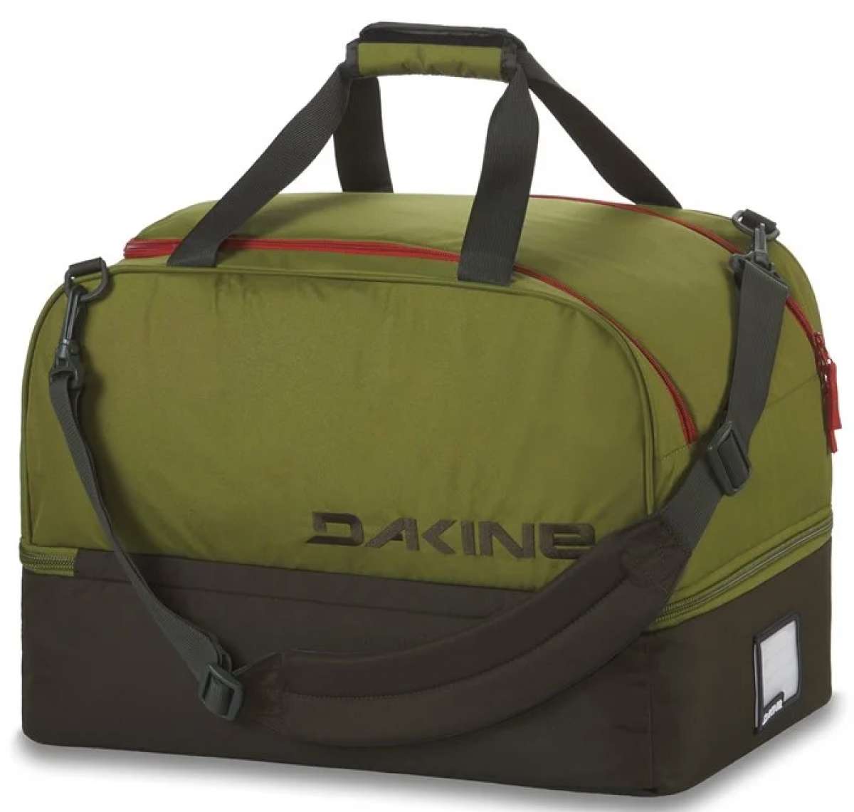 Dakine Boot Locker 69L Bag 2024 - A large olive green duffel bag with red zipper and black straps.