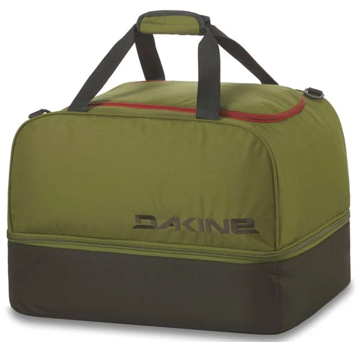 Dakine Boot Locker 69L Bag 2024 - A large olive green duffel bag with a red zipper and black handles.