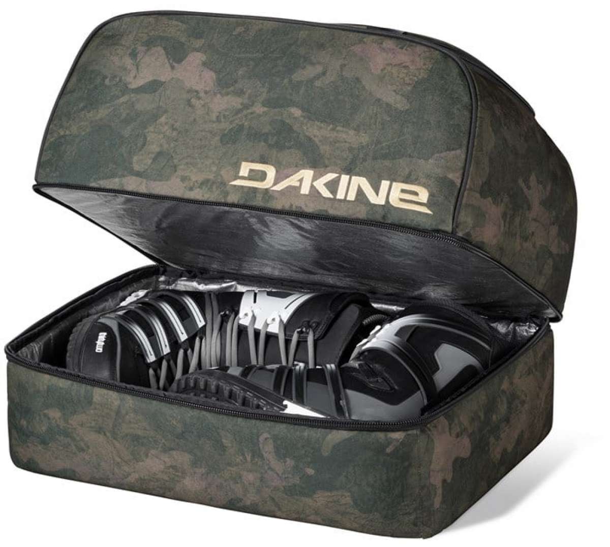 Dakine Boot Locker 69L Bag - A large, rectangular bag with a camouflage pattern and black zippers.