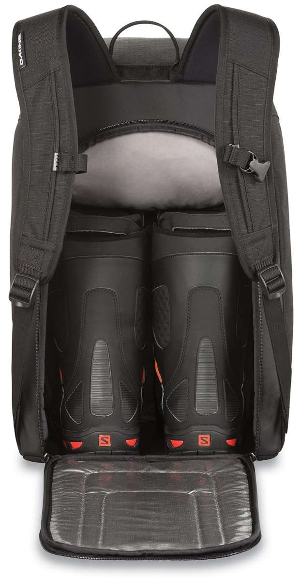 Dakine Boot Pack 50L 2024 - A black backpack with a zippered front pocket and two adjustable shoulder straps, featuring a rectangular gray logo on the top left side.