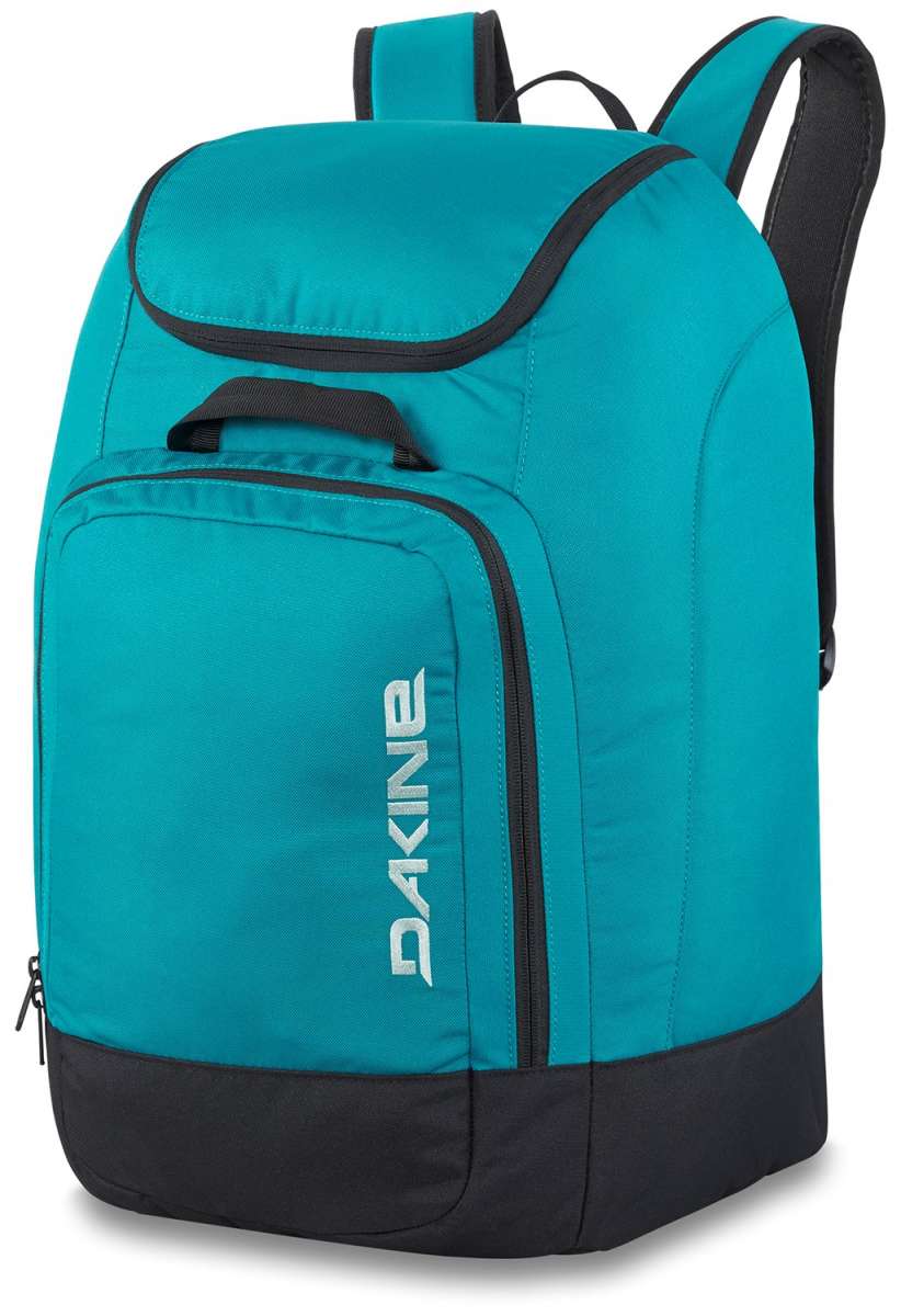 Dakine Boot Pack 50L 2024 - A large, rectangular backpack with a black base and teal top, featuring two zippered pockets on the front.
