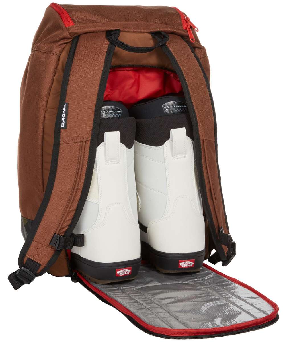 Dakine Boot Pack 50L 2024 - Brown backpack with black straps and red zipper pull on top.
