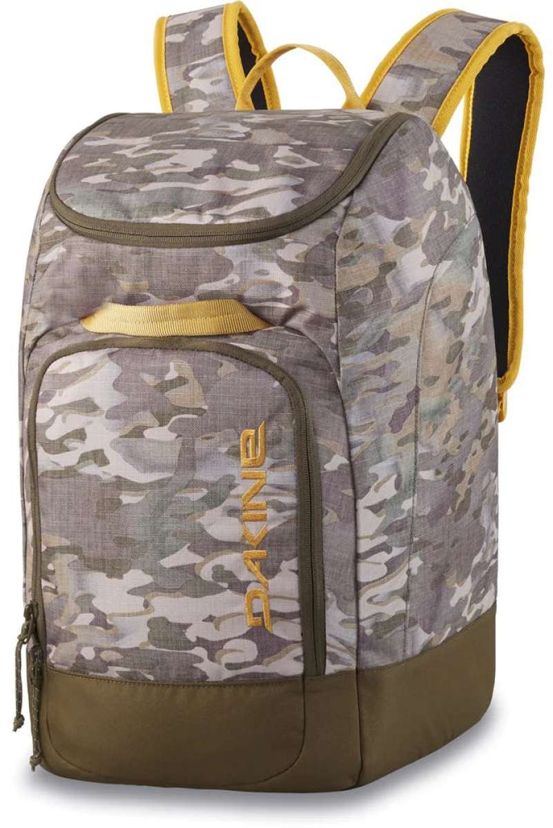 Dakine Boot Pack 50L 2024 - A large, gray backpack with a camouflage pattern and yellow accents.