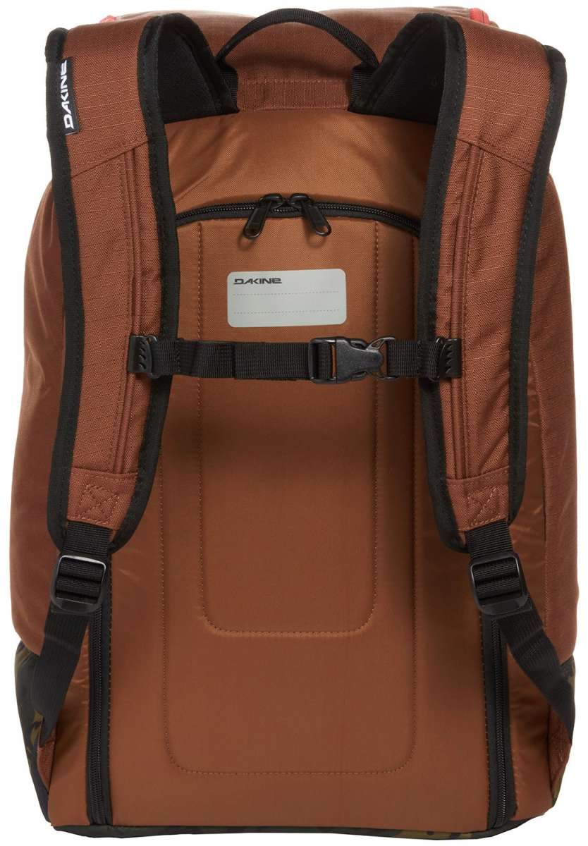 Dakine Boot Pack 50L 2024 - Brown backpack with black trim and straps, zippered pockets on front and top.