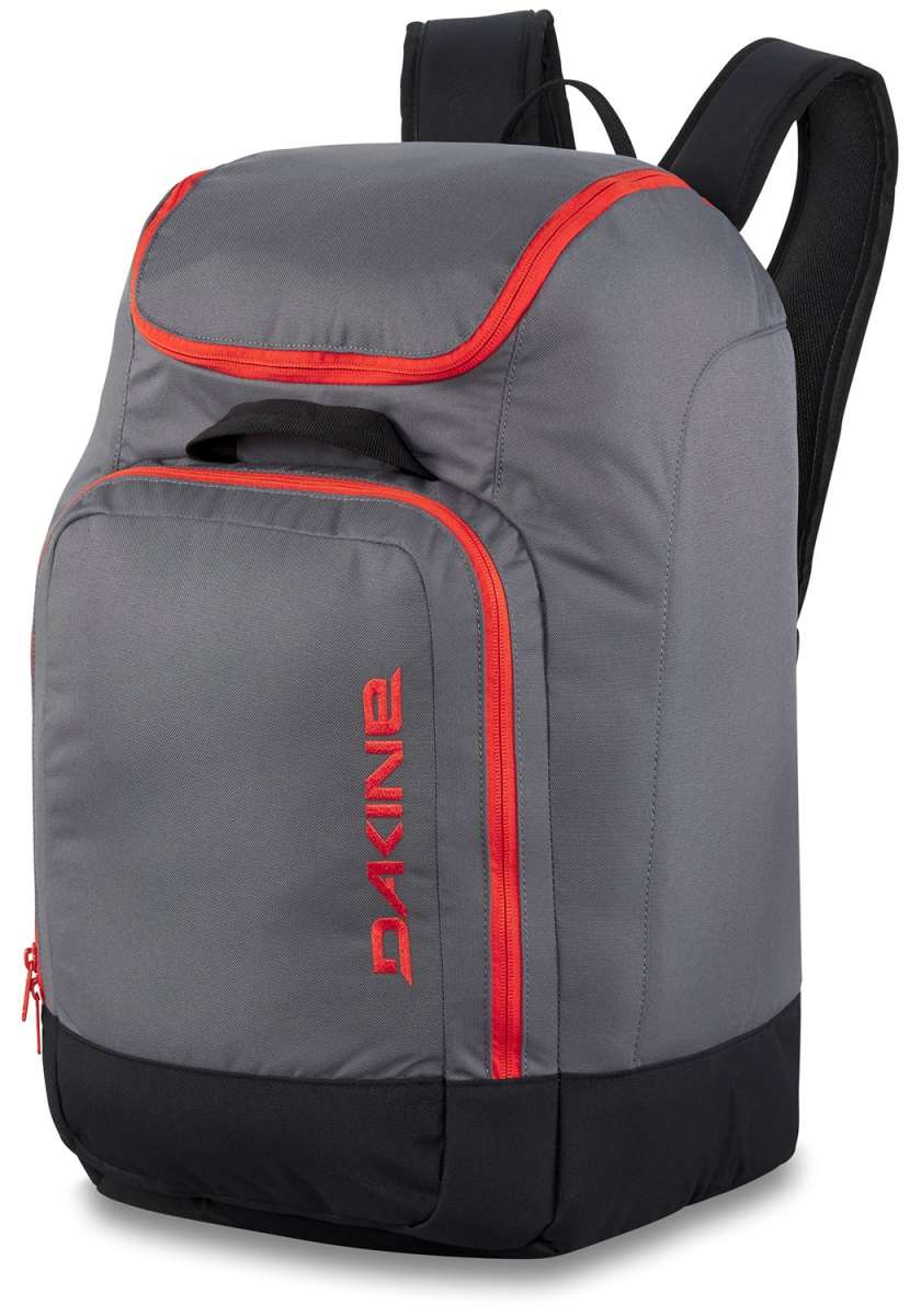 Dakine Boot Pack 50L 2024 - A gray backpack with red trim and a zippered front pocket, featuring a handle on top.
