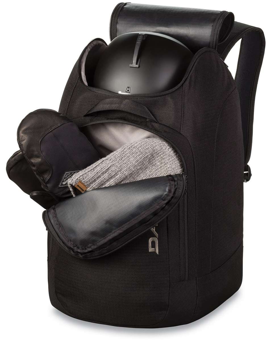 Dakine Boot Pack 50L 2024 - Black backpack with zippered front pocket and two side pockets, featuring a rolled top and adjustable shoulder straps.