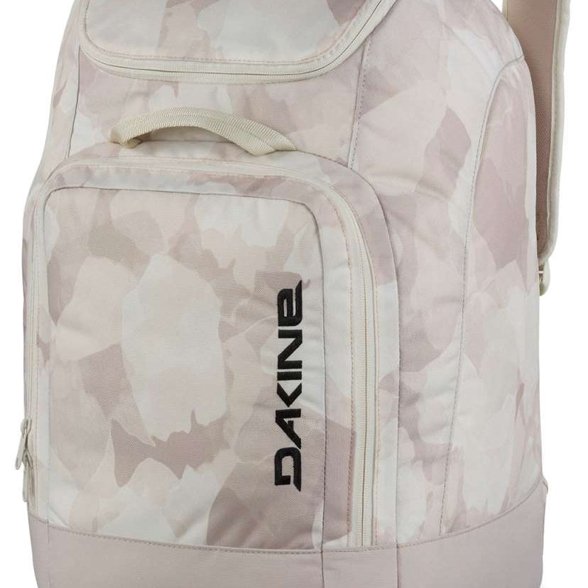 Dakine Boot Pack 50L 2024 - A large, rectangular backpack with a light gray and white camouflage pattern, featuring two straps at the top and a zippered front pocket.