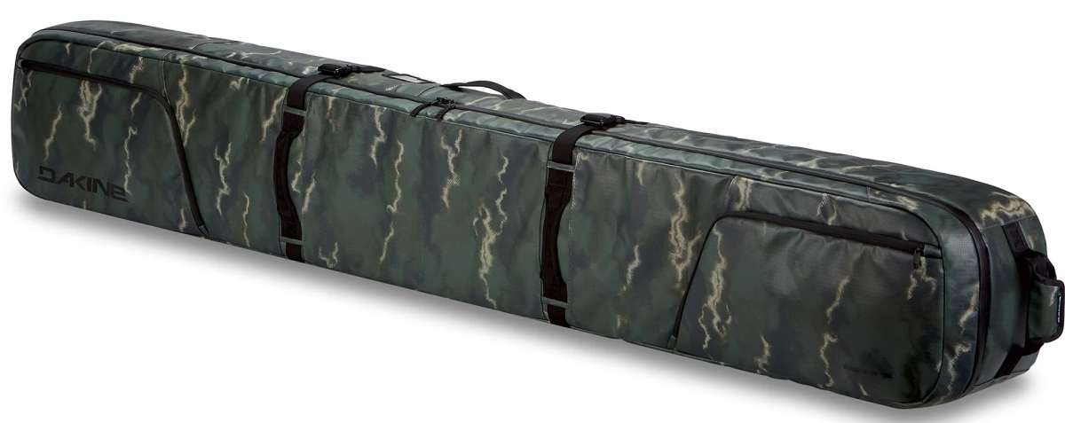 Dakine Boundary Ski Roller Bag 2024 - A large, rectangular bag with a dark gray color and white accents, featuring a zippered top and two black handles on either side.