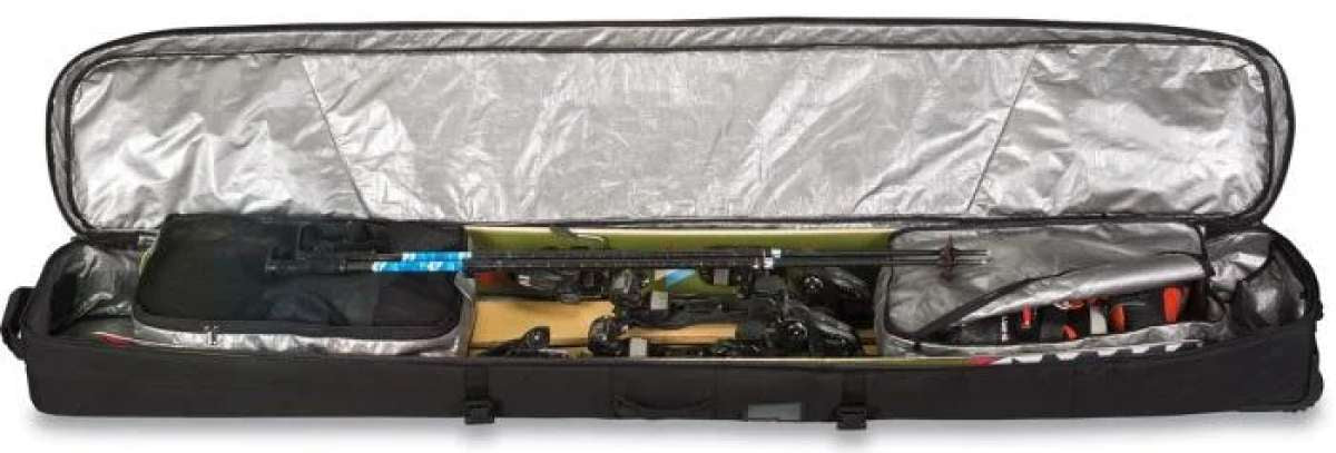 Dakine Boundary Ski Roller Bag 2024 - Black roller bag with two wheels and a retractable handle, featuring a zippered top compartment and multiple pockets for organization.