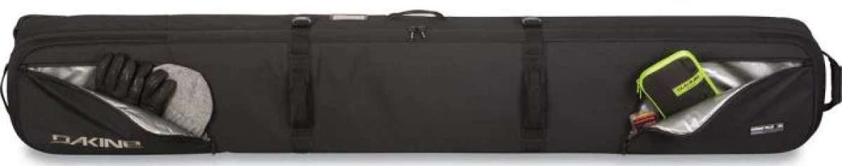 Dakine Boundary Ski Roller Bag 2024 - Black roller bag with white lettering and a zippered top.