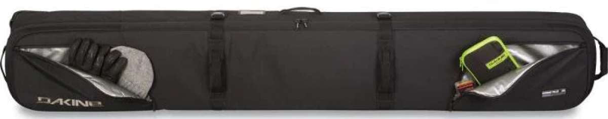 Dakine Boundary Ski Roller Bag 2024 - Black roller bag with white lettering and a zippered top.