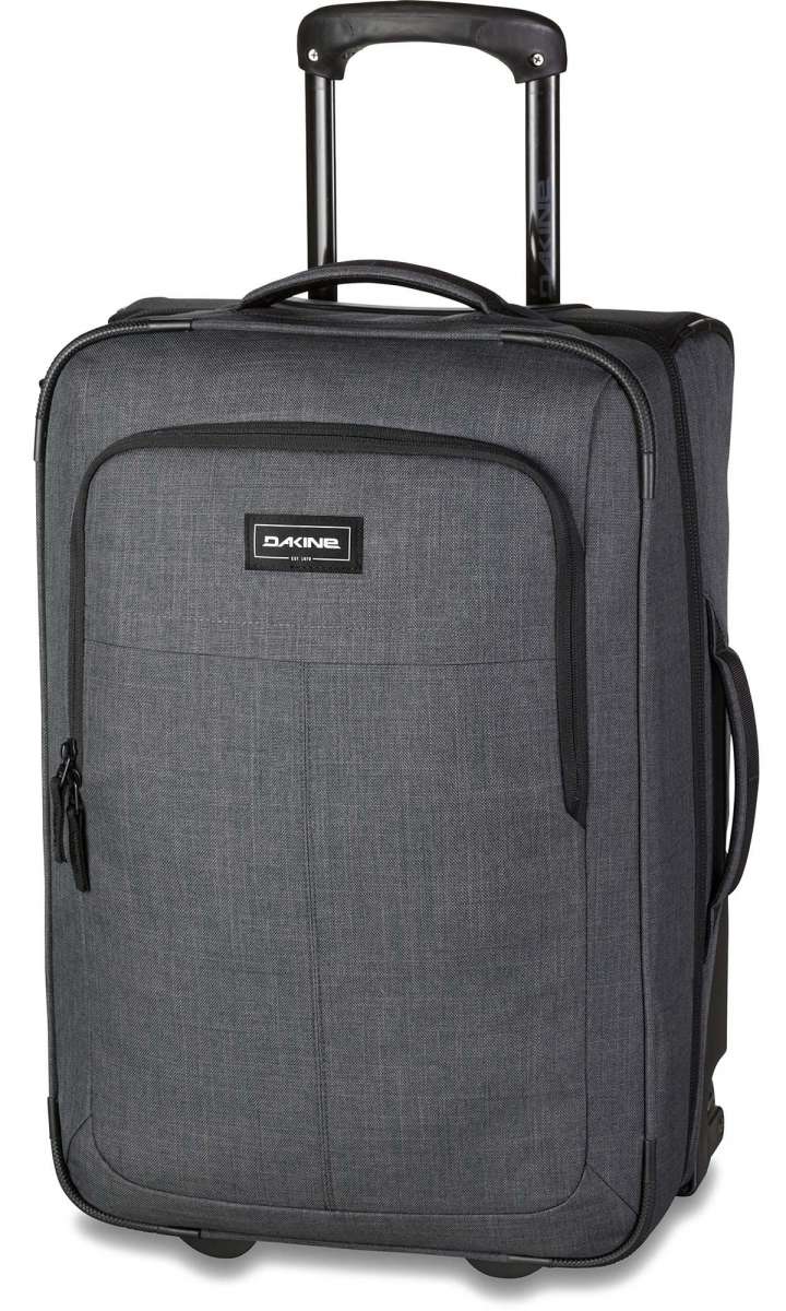 Dakine Carry-On Roller 42L 2022-2023 - A gray roller suitcase with a handle and wheels, featuring a zippered front pocket and a small black Dakine logo on the top.