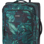 Dakine Carry-On Roller 42L 2022-2023 - A black roller suitcase with a handle and wheels, featuring a palm leaf pattern in shades of green.