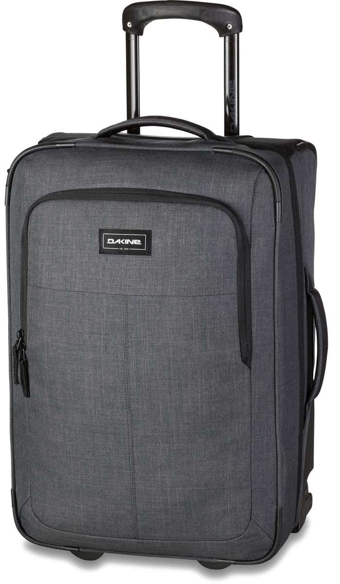 Dakine Carry-On Roller 42L Bag - A gray roller bag with a handle and wheels, featuring a zippered pocket on its front.