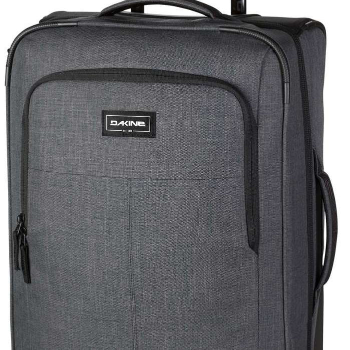 Dakine Carry-On Roller 42L Bag - A gray roller bag with a handle and wheels, featuring a zippered pocket on its front.