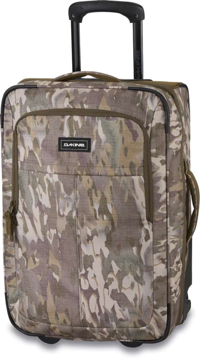 Dakine Carry-On Roller 42L Bag - A large, rectangular bag with a handle and wheels at the bottom, featuring a camouflage pattern in shades of brown and green.