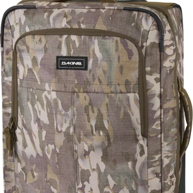 Dakine Carry-On Roller 42L Bag - A large, rectangular bag with a handle and wheels at the bottom, featuring a camouflage pattern in shades of brown and green.