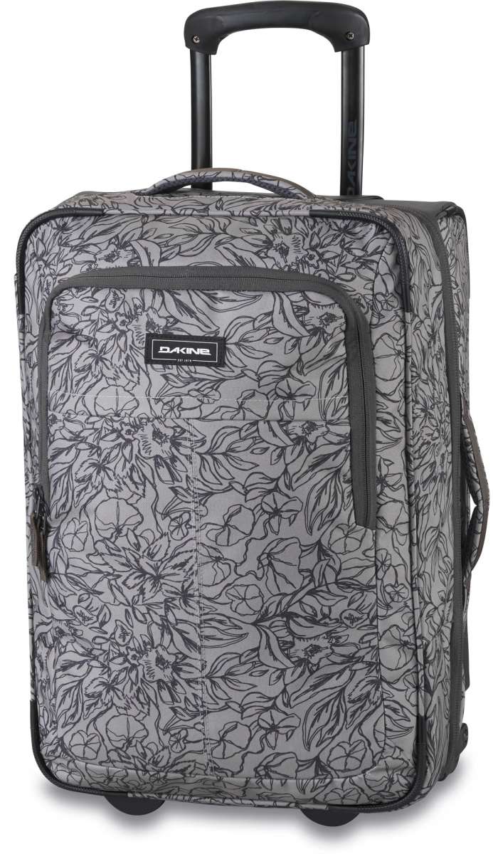 Dakine Carry-On Roller 42L Bag - A gray roller bag with a floral pattern and black trim, featuring a handle on top and two wheels at the bottom.