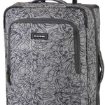 Dakine Carry-On Roller 42L Bag - A gray roller bag with a floral pattern and black trim, featuring a handle on top and two wheels at the bottom.