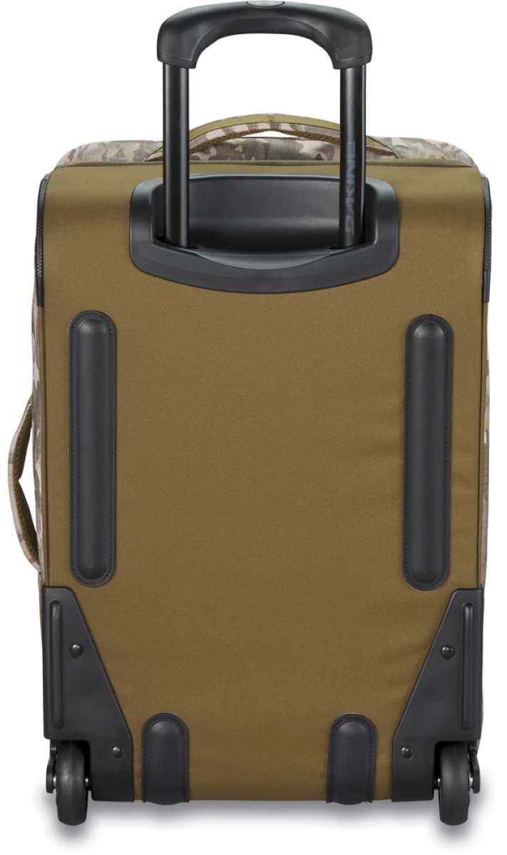 Dakine Carry-On Roller 42L Bag - A tan carry-on roller bag with a zippered front pocket and two black wheels at the bottom.