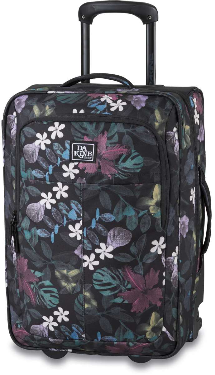 Dakine Carry-On Roller 42L Bag - A black roller bag with a floral pattern of white, blue and purple flowers and leaves on a dark background.