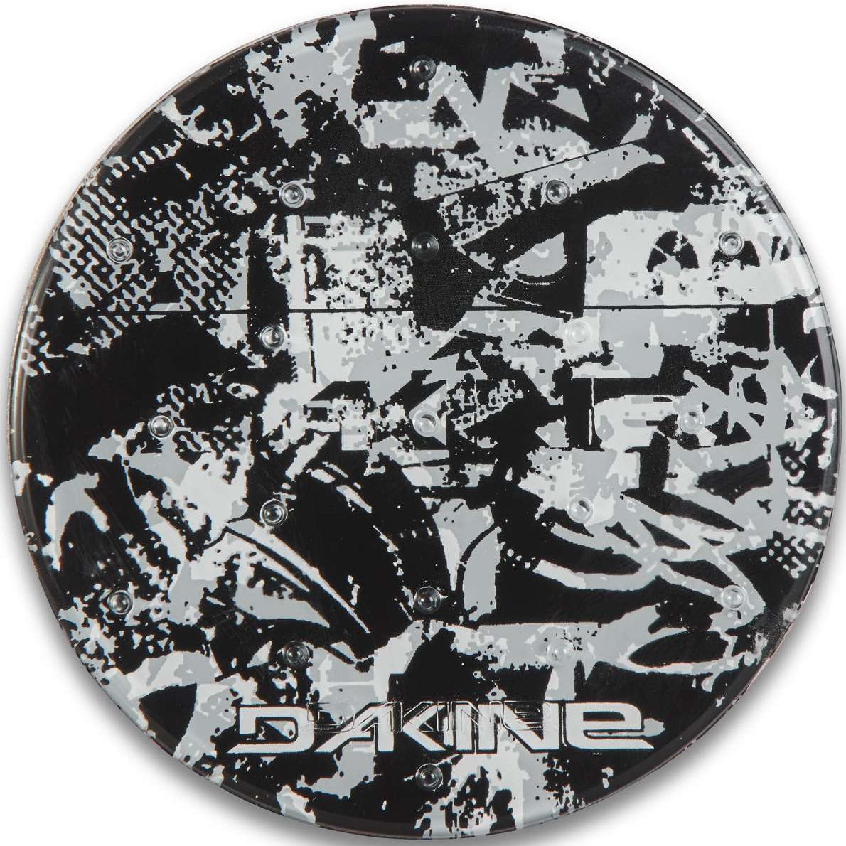 Dakine Circle Mat Stomp Pad 2022-2023 - A black and gray stomp pad with a geometric pattern of lines and shapes, featuring the word "DAKINE" in white letters at the bottom.