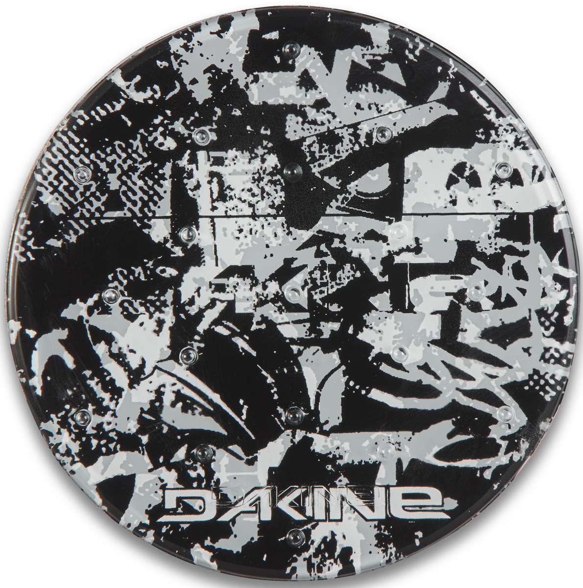 Dakine Circle Mat Stomp Pad 2022-2023 - A black and gray stomp pad with a geometric pattern of lines and shapes, featuring the word "DAKINE" in white letters at the bottom.