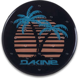 Dakine Circle Mat Stomp Pad 2024 - A black mat with a circular shape and a stomp pad design, featuring two palm trees in front of horizontal stripes.