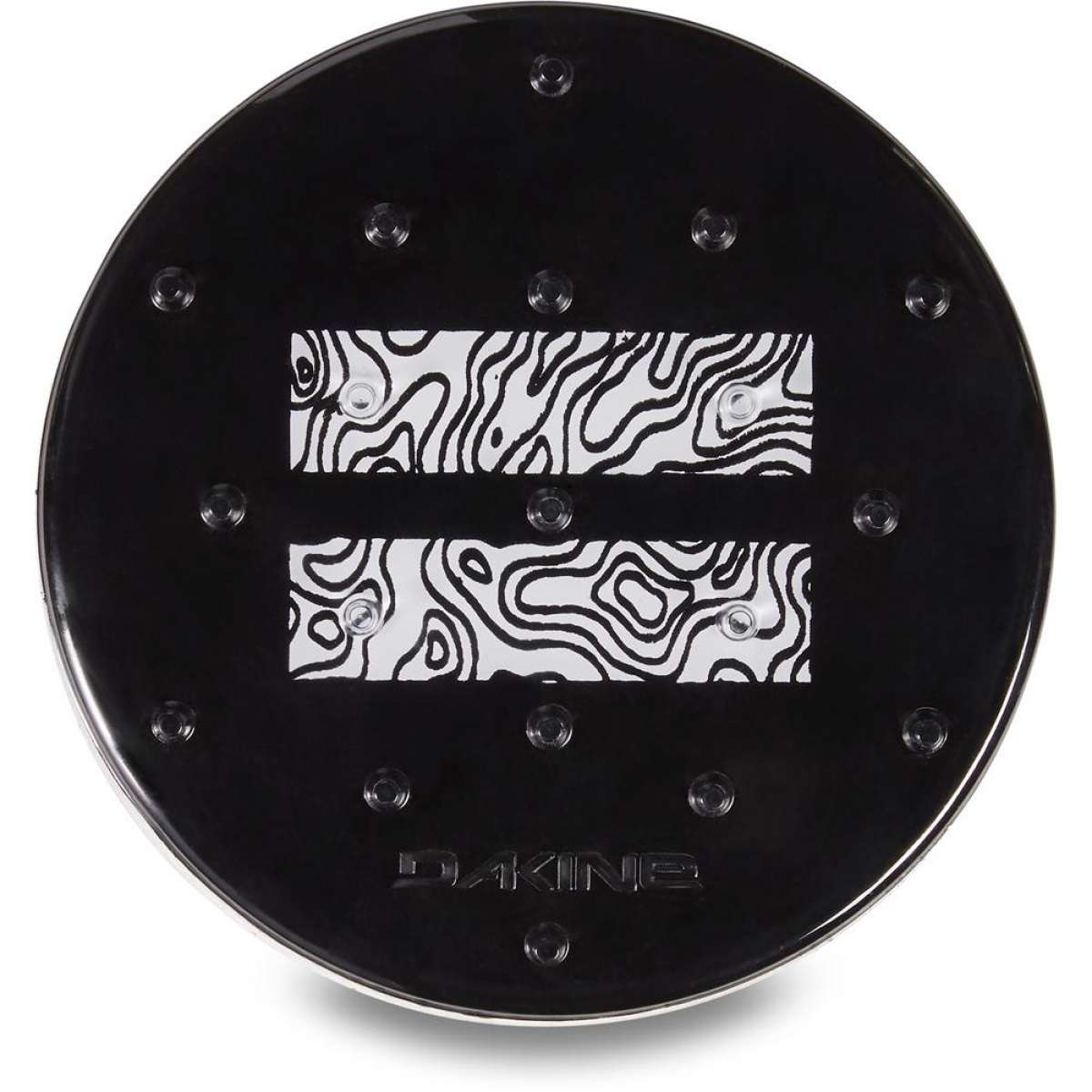 Dakine Circle Mat Stomp Pad 2024 - A black circular mat with a white topographic pattern and two clear suction cups in each corner.