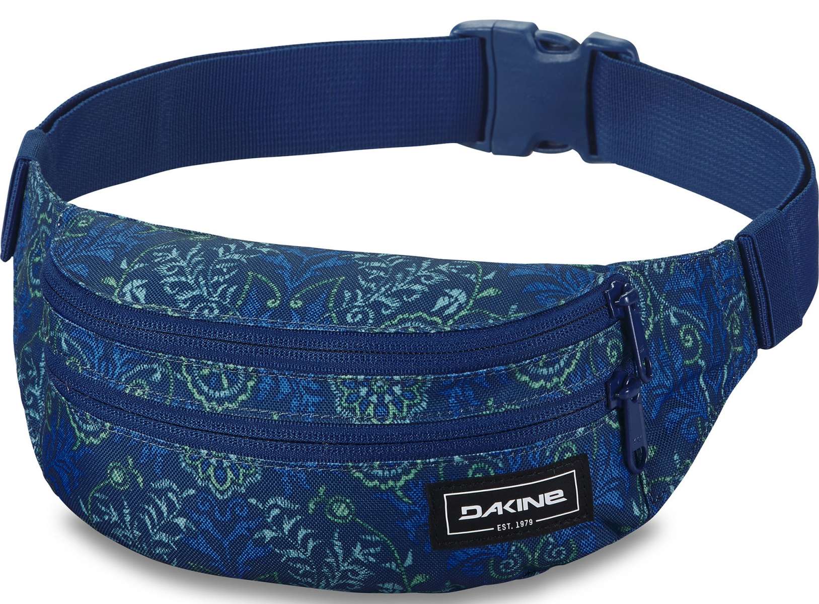 Dakine Classic Hip Pack 2023 - A blue hip pack with a zippered front pocket and adjustable strap, featuring a subtle floral pattern in light green and white on a dark blue background.