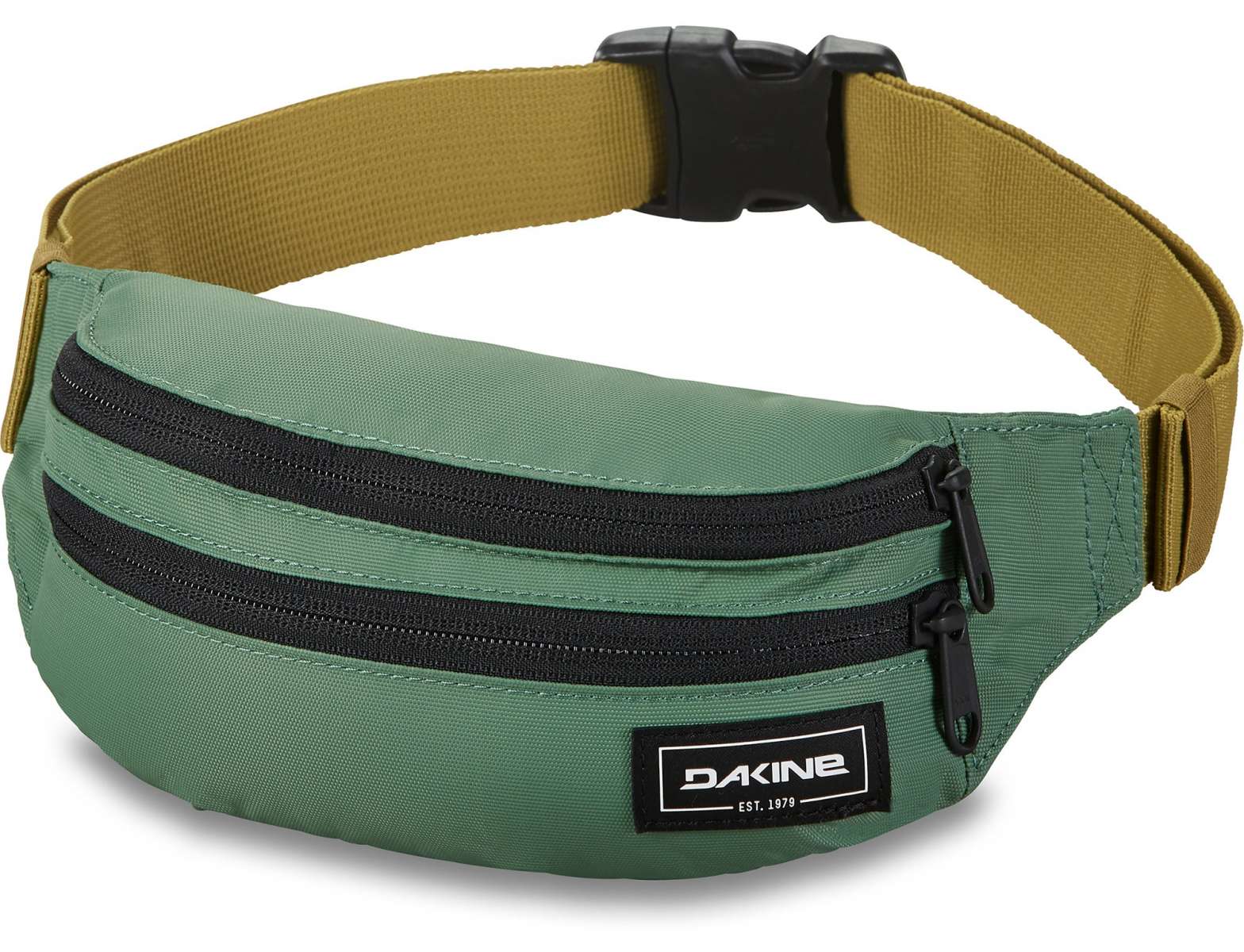 Dakine Classic Hip Pack 2023 - A green hip pack with two zippered pockets and a black zipper pull on one pocket.