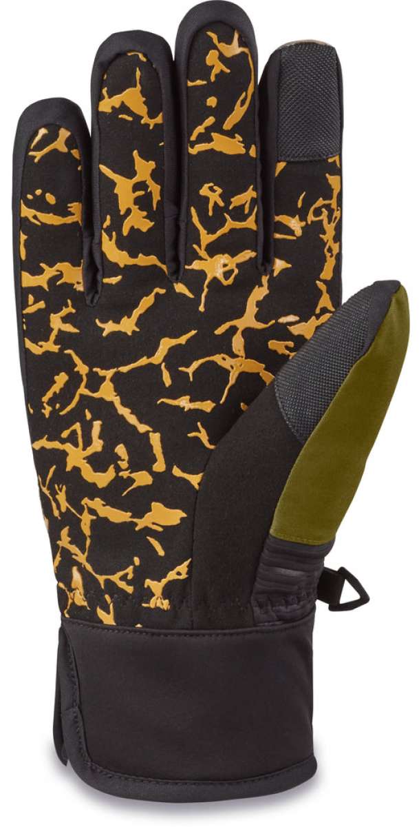 Dakine Crossfire Gloves 2024 - Black gloves with yellow abstract pattern on palm side and black backside.