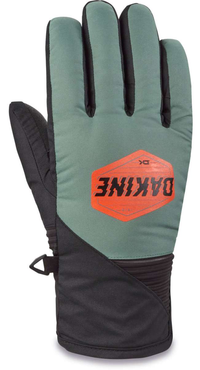 Dakine Crossfire Gloves 2024 - A pair of gloves with a black palm and gray back, featuring a distinctive orange logo on the wrist strap.