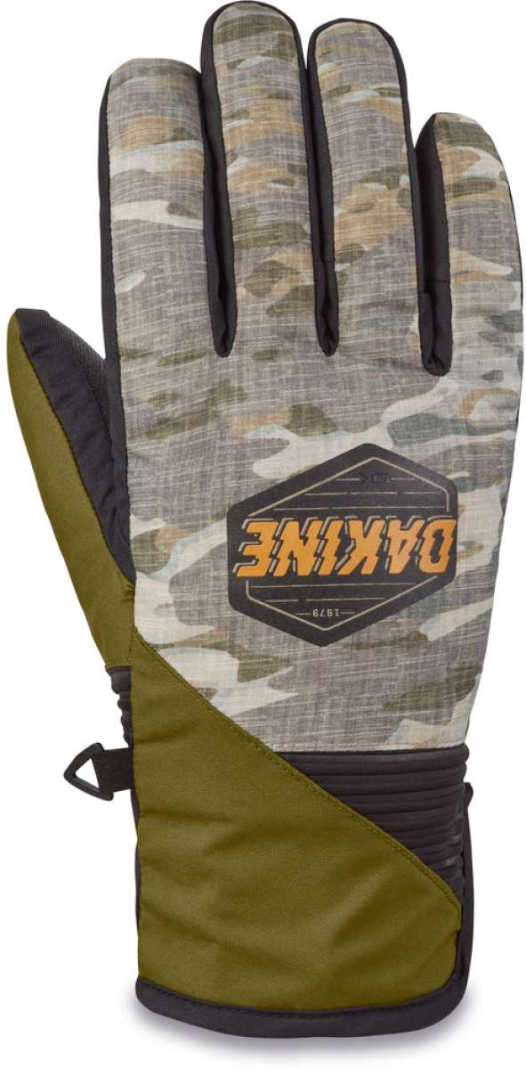 Dakine Crossfire Gloves 2024 - A pair of gloves with a camouflage pattern on the palm and fingers, featuring a black logo at the wrist.