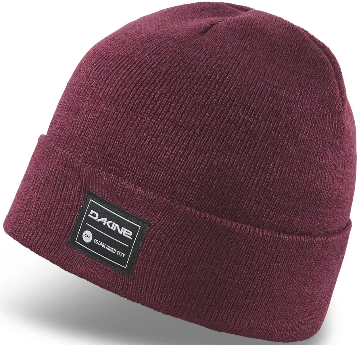 Dakine Cutter Beanie Adult 2024 - A maroon beanie with a black label featuring "DAKINE" in white letters and an icon of a circle with a line through it.